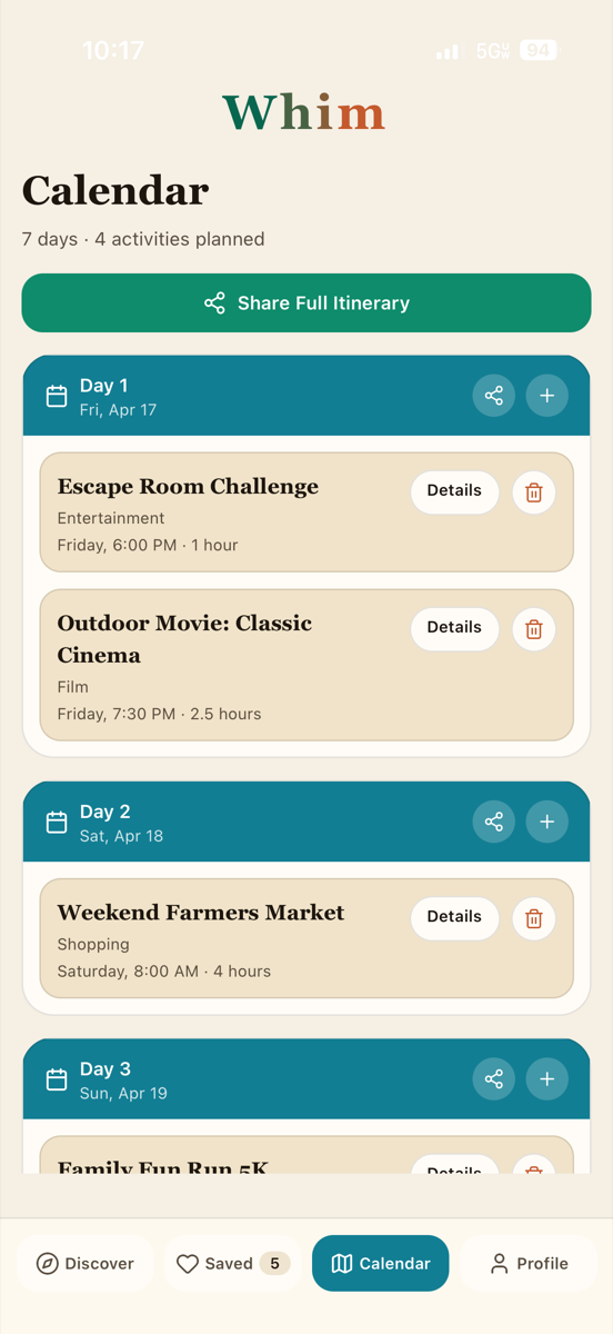 Whim calendar screen showing a multi-day itinerary with planned activities