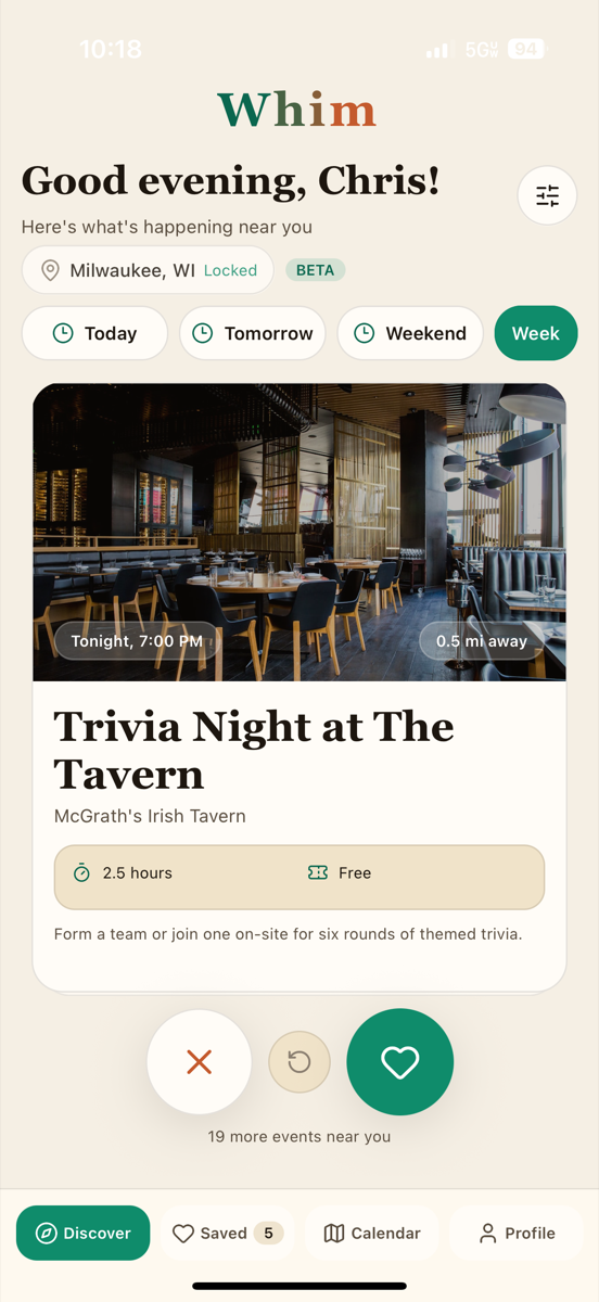 Whim discover screen showing a Trivia Night event card with swipe buttons