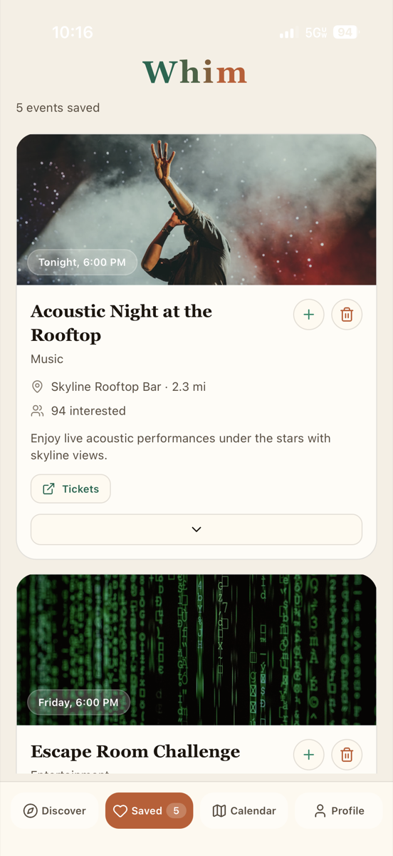 Whim saved events screen showing saved activities with venue details and ticket links